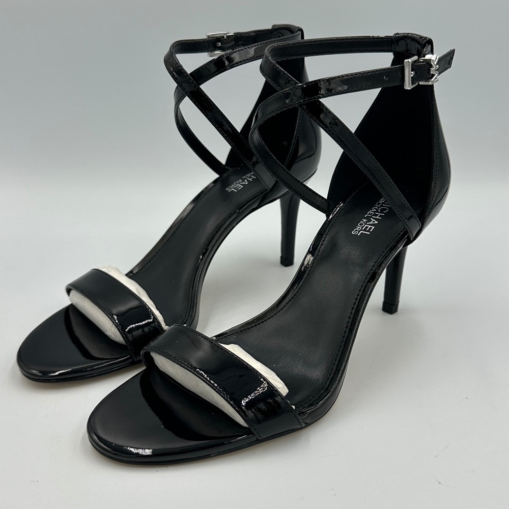 Michael Kors Ava Mid Sandal wmns 6 Black Patent Leather Stiletto Heel Sleek Chic